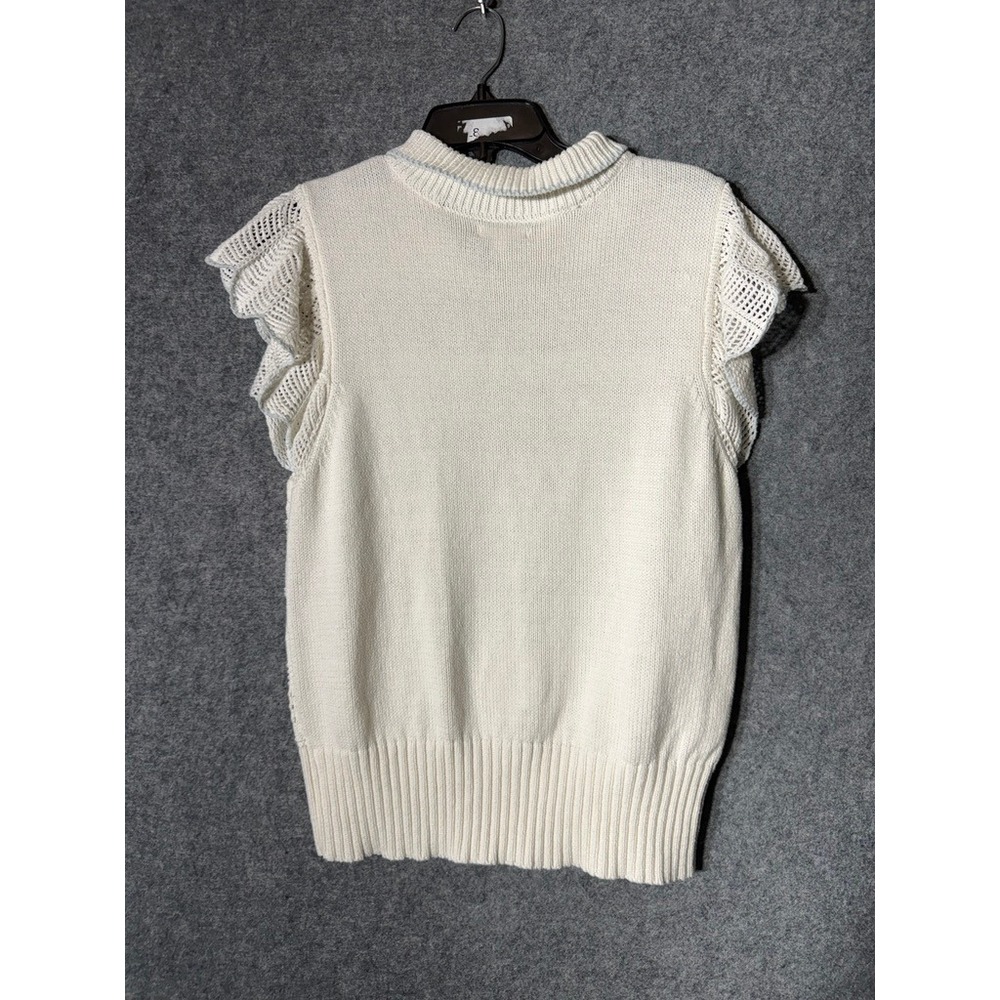LC Lauren Conrad Ivory Pointelle Knit Polo Sweater Ruffle Cap Sleeve Women L - Picture 7 of 8
